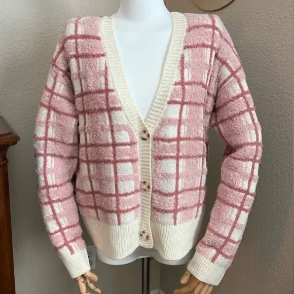 LC LAUREN CONRAD Pink & Cream Plaid Fuzzy Cardigan X-Large NWT - Picture 7 of 9